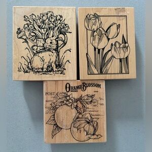 Wood Block Mount Rubber Stamps Tulips Bunny Orange Blossoms Lot of 3 New